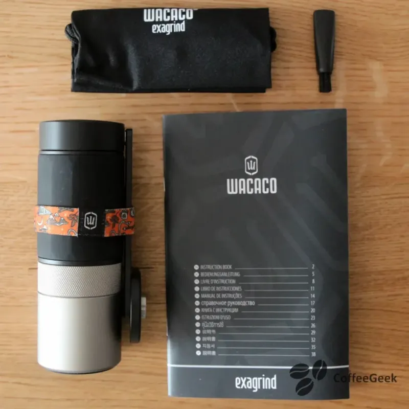 Contents of the Wacaco Exagrind coffee grinder box