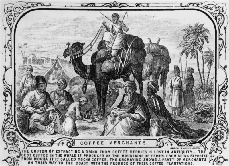 Un serviteur sert du café à des marchands yéménites en route vers Moka