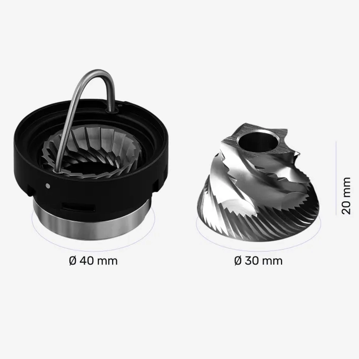 Meules coniques 40 mm S2C040 du Timemore Bricks 01S vues de face après démontage