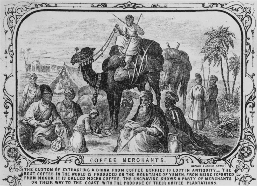 A servant serves coffee to Yemeni merchants on their way to Mocha