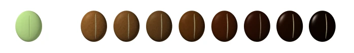 Coffee beans at different roast stages, from green to dark brown