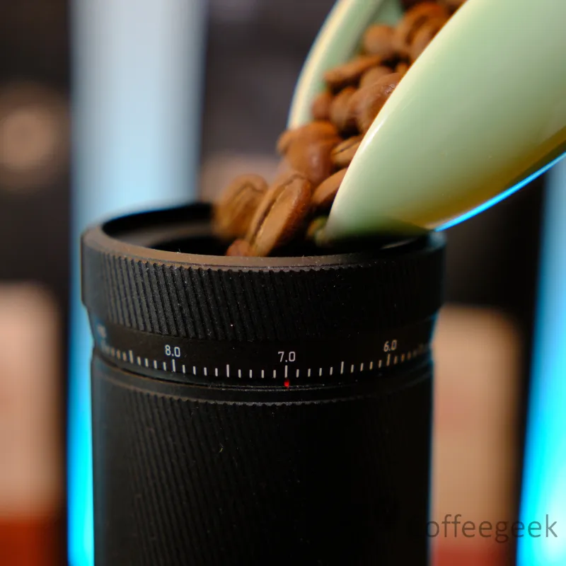 Pouring Pink Betania coffee beans into the Timemore S3 ESP grinder