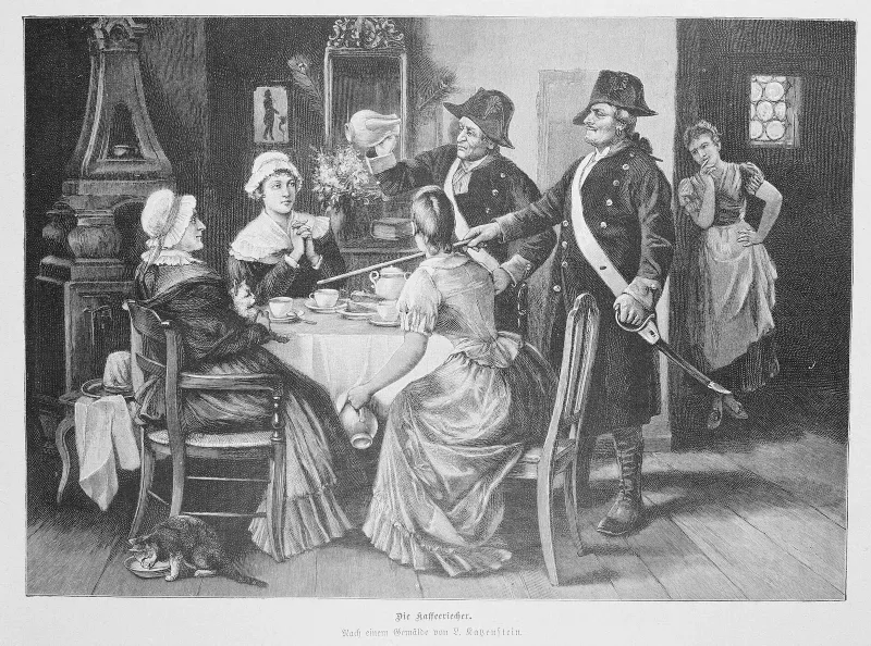 Gravyr från 1800-talet med titeln Die Kaffeeriecher, som visar preussiska kaffesniffare i arbete