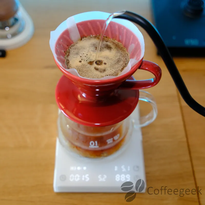Pouring water over a V60 with the Timemore Fish PRO X